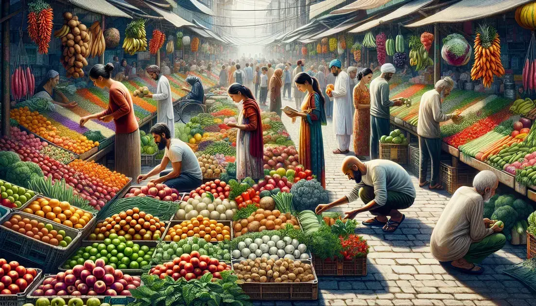 escolher legumes na feira